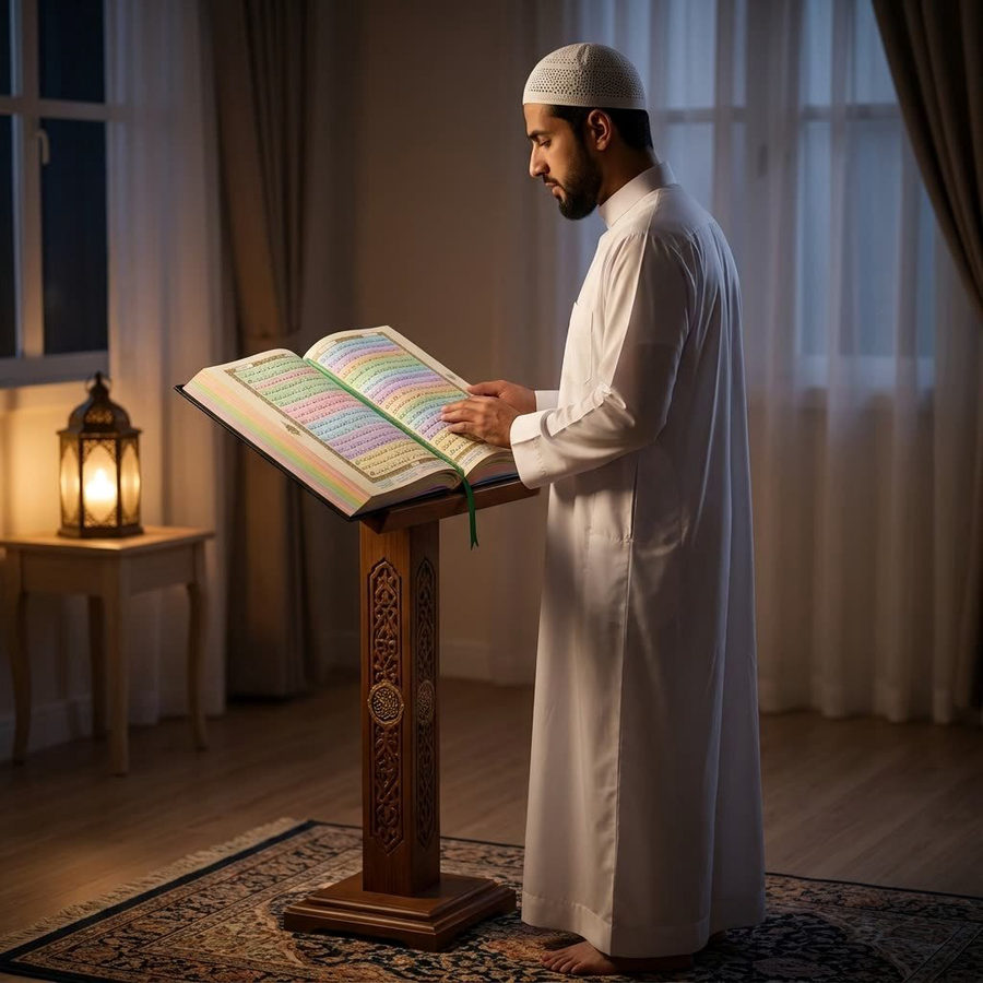 راجل بيقرأ من مصحف القيام على حامل وهو واقف في صلاة الليل